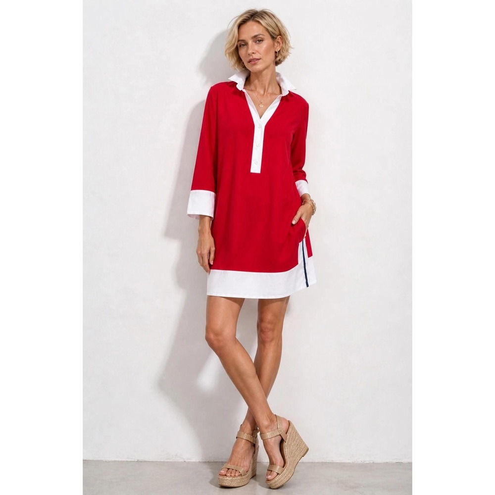 Cynthia Rowley Tunic Dress Womens L Red White Linen Blend Colorblock Preppy